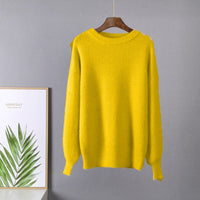 Gelber Strickpullover aus Wolle, Damenmode, Herbst-Winter, gemütlich, langärmelig, Rundhalsausschnitt.