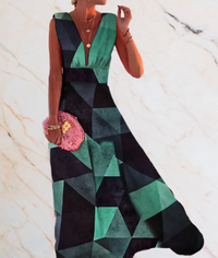 Frau in geometrischem Kleid mit rosa Tasche auf Marmorboden.