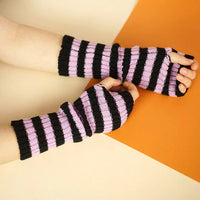 Lila-schwarz gestreifte fingerlose Handschuhe, gestrickt, modisch, warm, Unisex-Zubehör.