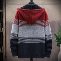 Roter, grauer und schwarzer Strickpullover mit Kapuze, Herrenmode, Winterkleidung.