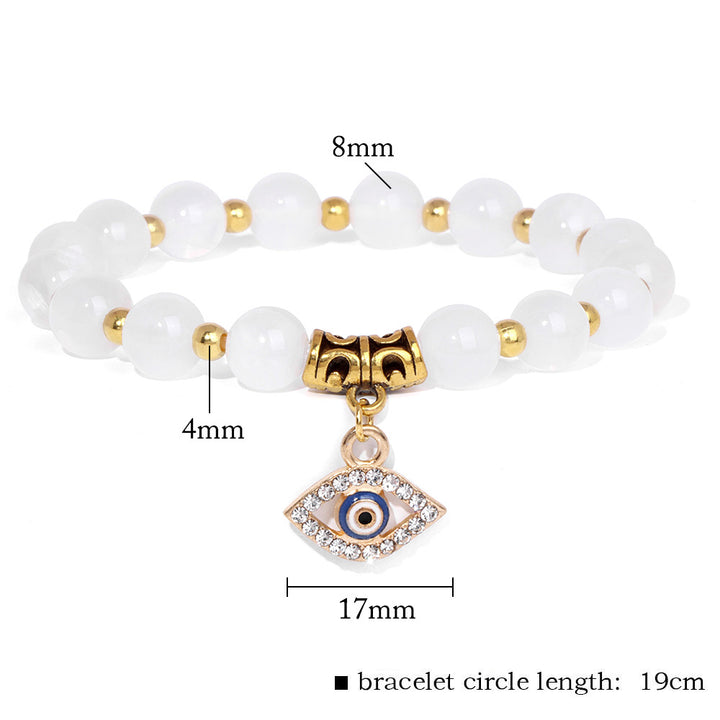 Weißes Perlenarmband mit türkischem Auge Anhänger, Naturstein, 19cm, Glücksbringer Schmuck.