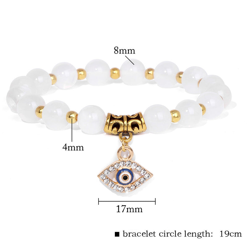 Weißes Perlenarmband mit türkischem Auge Anhänger, Naturstein, 19cm, Glücksbringer Schmuck.