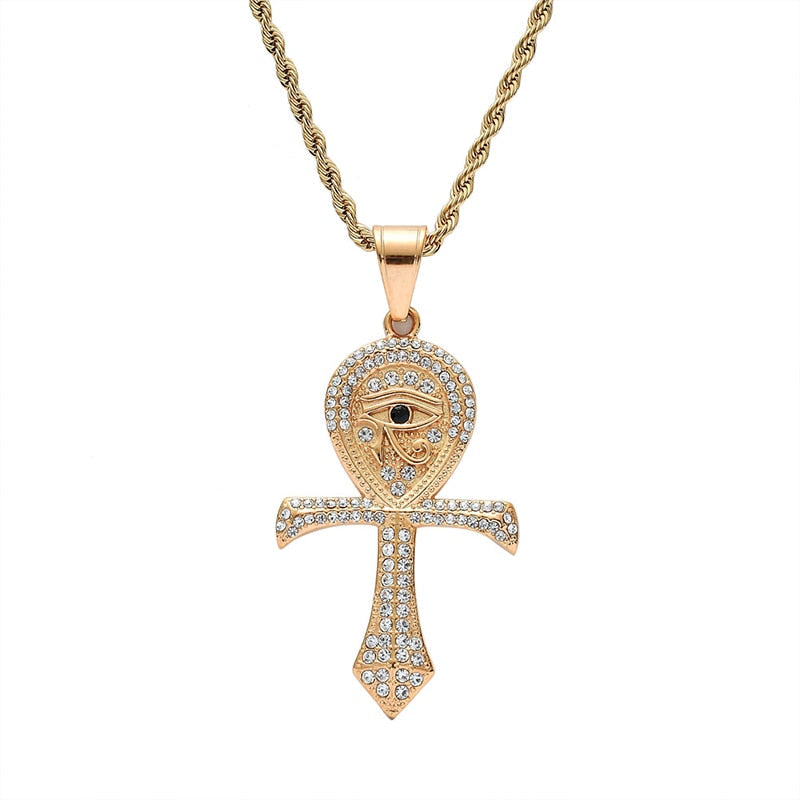 Goldene Ankh-Halskette mit Strasssteinen, ägyptisches Symbol, modisches Schmuckstück.