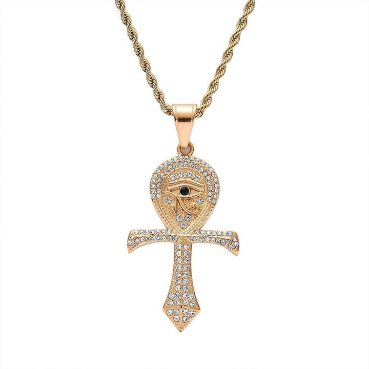 Goldene Ankh-Halskette mit Strasssteinen, ägyptisches Symbol, modisches Schmuckstück.