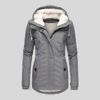Graue Damen-Winterjacke mit Kapuze, Fleece-Futter, wasserdicht, warm, modisch.