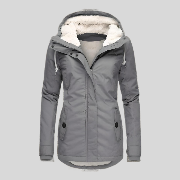 Graue Damen-Winterjacke mit Kapuze, Fleece-Futter, wasserdicht, warm, modisch.