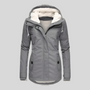 Graue Damen-Winterjacke mit Kapuze, Fleece-Futter, wasserdicht, warm, modisch.