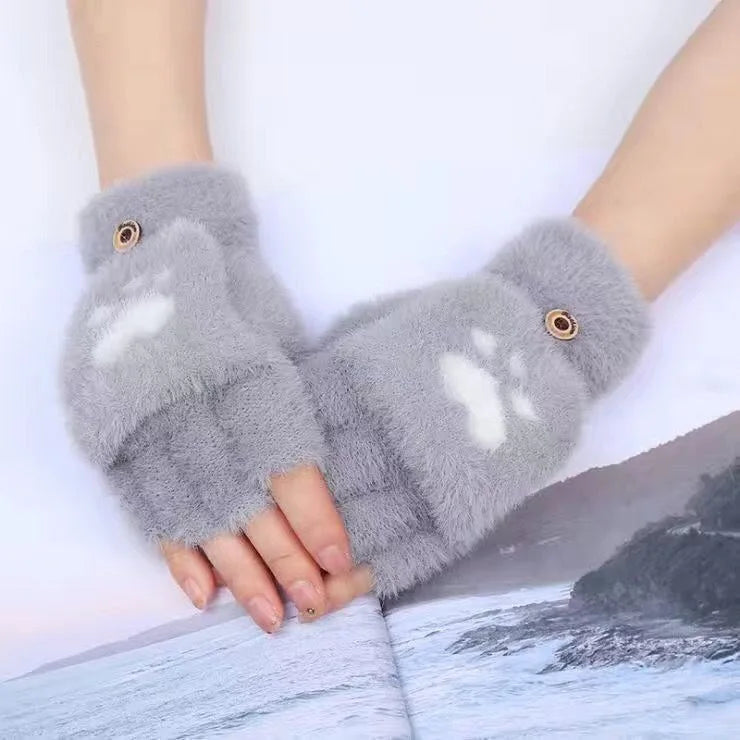 Graue flauschige Fingerlose Handschuhe mit Katzenpfotenmuster, Damenmode, Winteraccessoire.