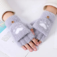 Graue fingerlose Handschuhe aus Fleece, Damenmode, warm, weich, Winteraccessoire.