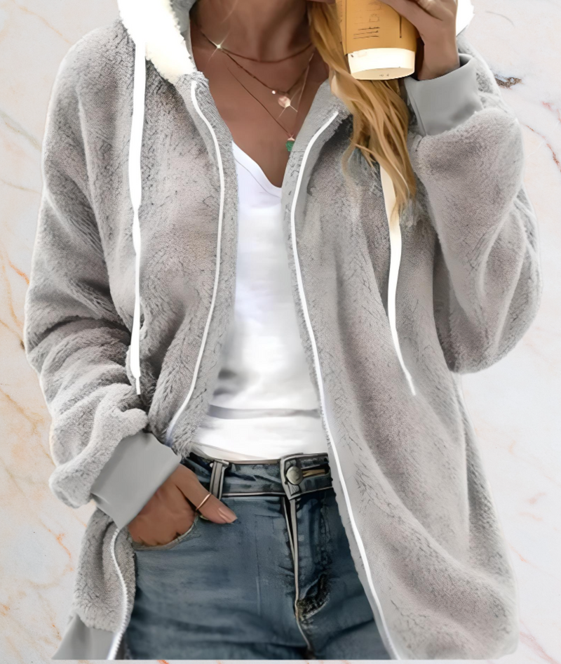 Damen Teddy-Fleecejacke grau, Kapuze, Reißverschluss, lässig, warm, Herbstmode, gemütlich.