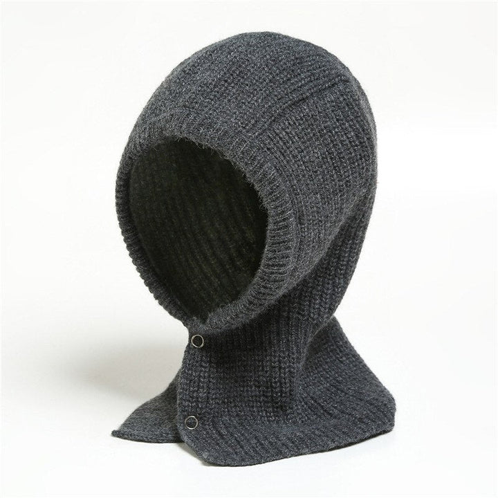 Dunkelgraue Strick-Balaclava aus Wolle, warmes Winter-Accessoire für Outdoor-Aktivitäten.