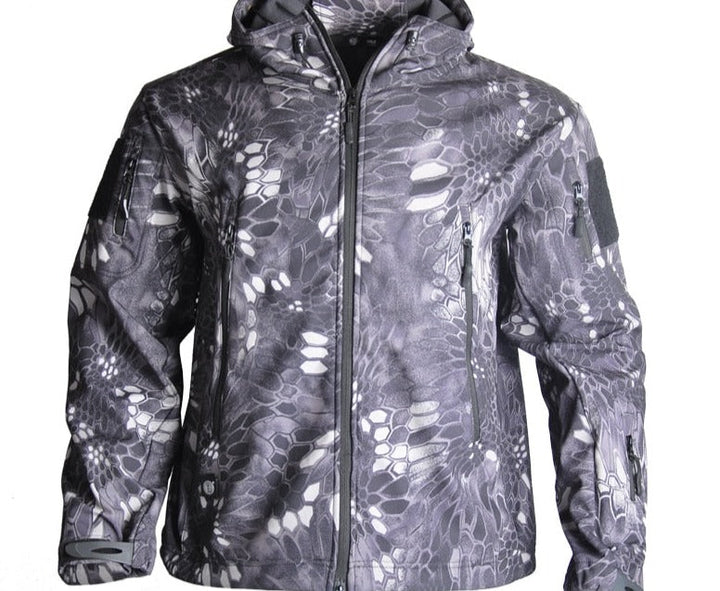 Graue Tarnjacke mit Kapuze, Reißverschluss, wasserabweisend, Outdoor-Bekleidung, Herrenmode.