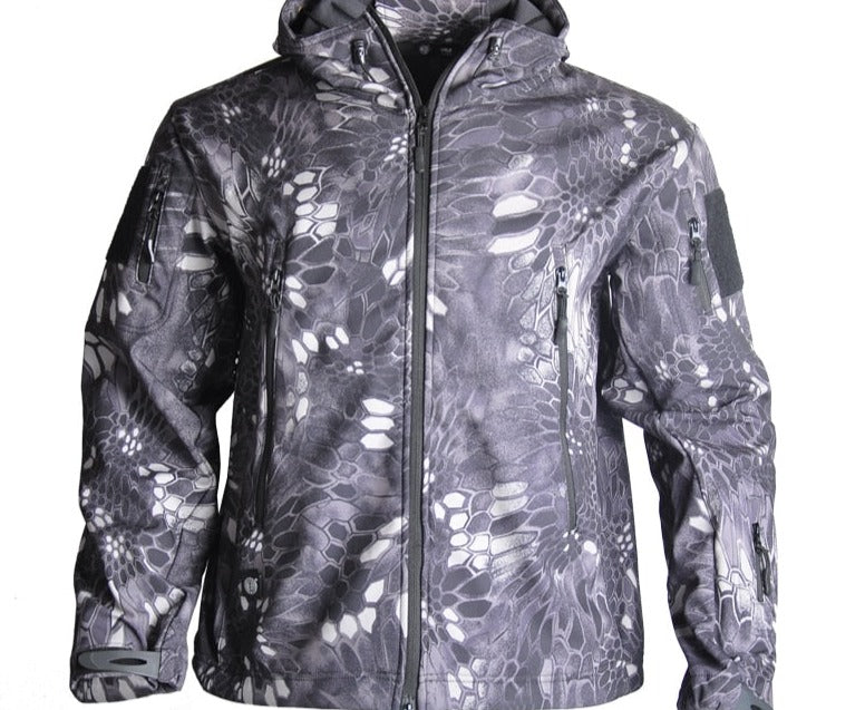 Graue Tarnjacke mit Kapuze, Reißverschluss, wasserabweisend, Outdoor-Bekleidung, Herrenmode.