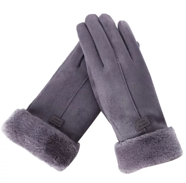 Graue Damenhandschuhe aus Wildleder mit Fellfutter, winterfest, elegant, warm.