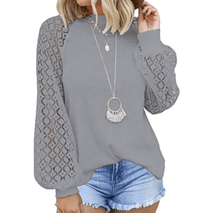 Grauer Damenpullover mit Spitzenärmeln, lässig, modisch, ideal für Herbstmode.