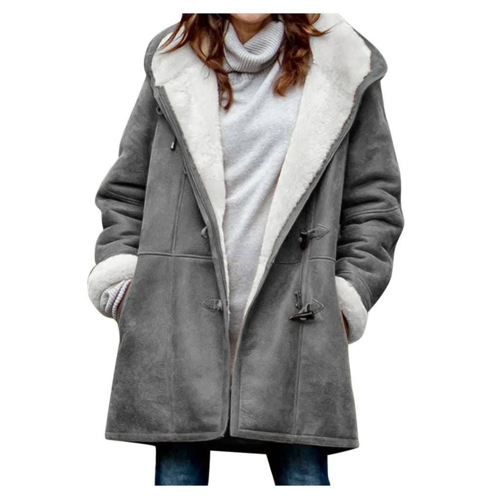 Grauer Damen-Dufflecoat mit weißem Futter, Wintermode, warm, stilvoll, lässig.