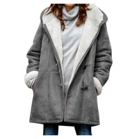 Grauer Damen-Dufflecoat mit weißem Futter, Wintermode, warm, stilvoll, lässig.