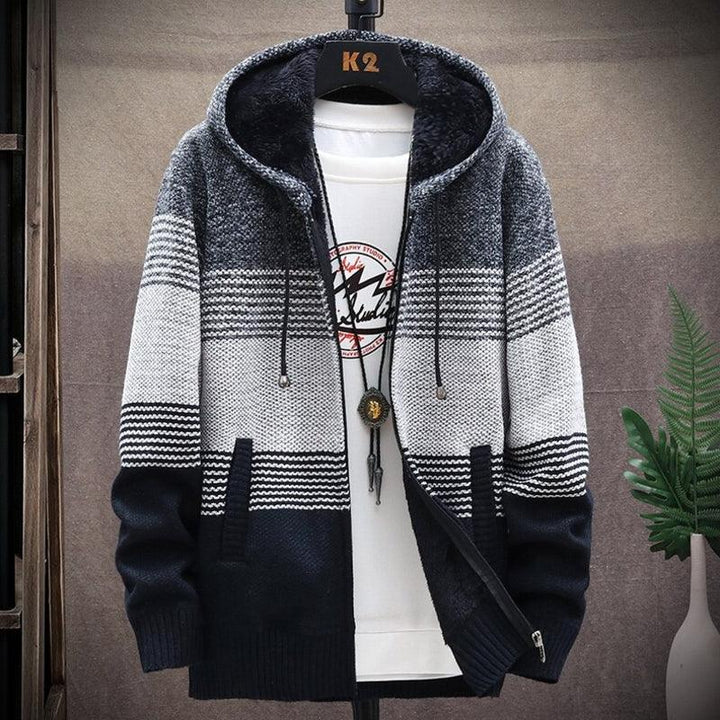 Grauer Herren-Strickpullover mit Kapuze, Reißverschluss, gestreift, lässig, warm, modisch.