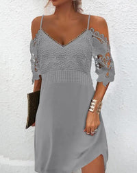 Graues Spitzenkleid Damen, schulterfrei, Sommermode, elegant, lässig, Abendkleid.