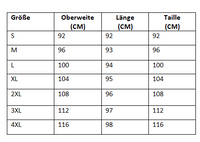 Größentabelle für Kleidung, Größen S bis 4XL, Maße in cm für Oberweite, Länge, Taille.