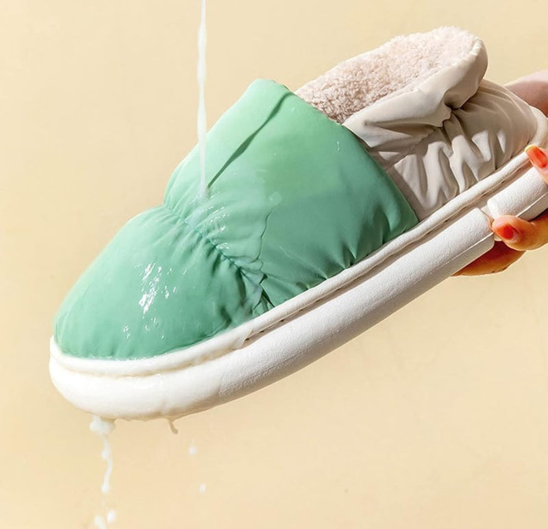 Wasserdichter Hausschuh, grün, mit Plüschfutter, rutschfeste Sohle, bequem, für Damen und Herren.