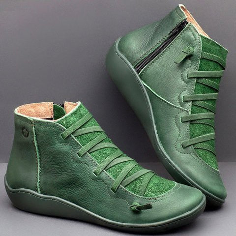 Grüne Lederstiefel mit Reißverschluss, Damenmode, bequeme Freizeitschuhe, modisch.