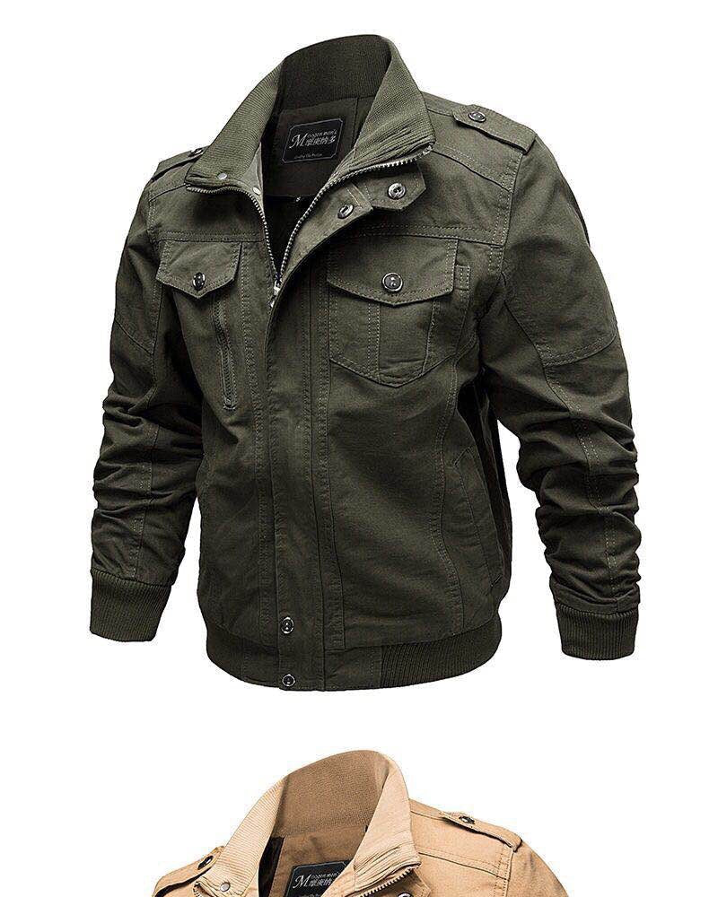 Olivgrüne Herrenjacke, Baumwolle, Reißverschluss, modisch, lässig, Herbstmode, Outdoor.