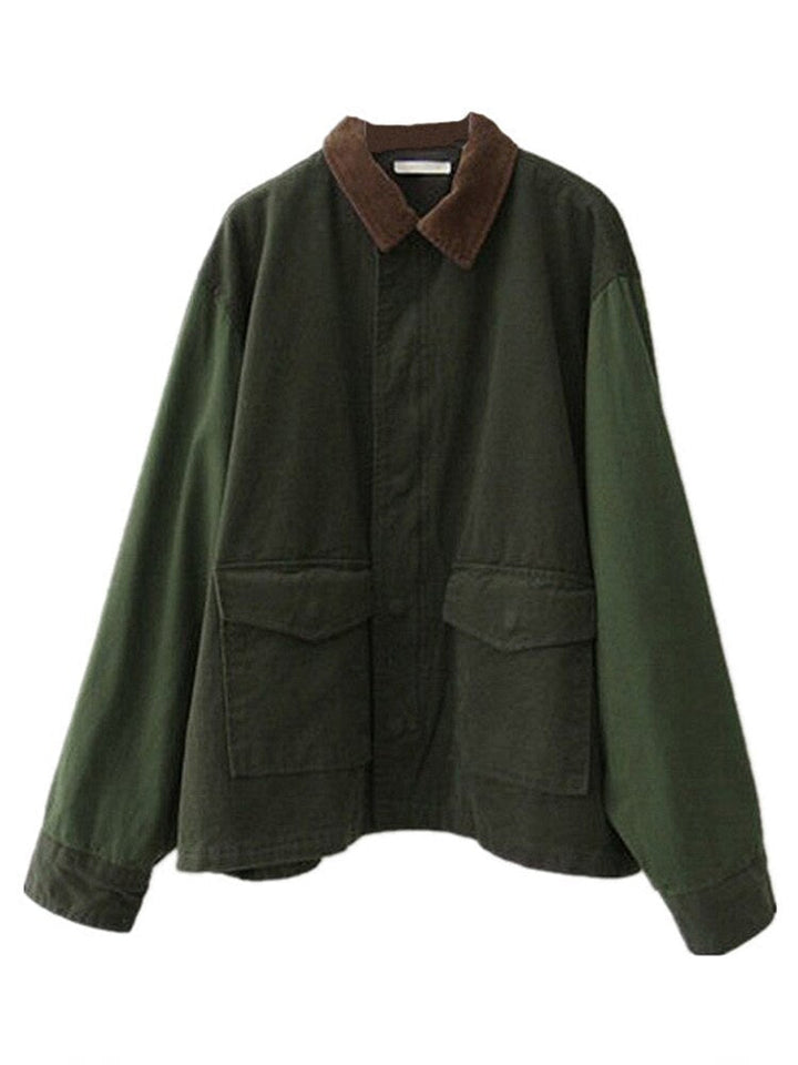 Grüne Herrenjacke mit braunem Kragen, Baumwolle, zwei Taschen, lässiger Stil.