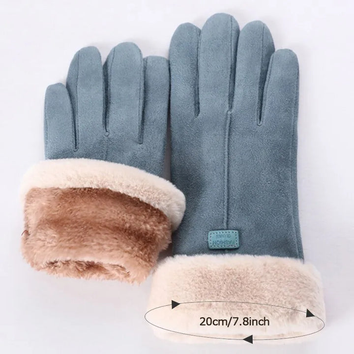 Blaue Damenhandschuhe mit Kunstfellfutter, 20 cm lang, Wintermode Accessoire.