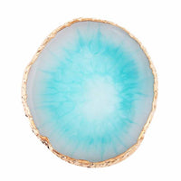 Blaue Harz-Schmuckplatte mit goldener Kante, ideal als Organizer für Halsketten und Ringe.