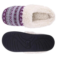 Lila-weiße Damen-Hausschuhe mit Strickmuster und flauschigem Futter, rutschfeste Sohle.