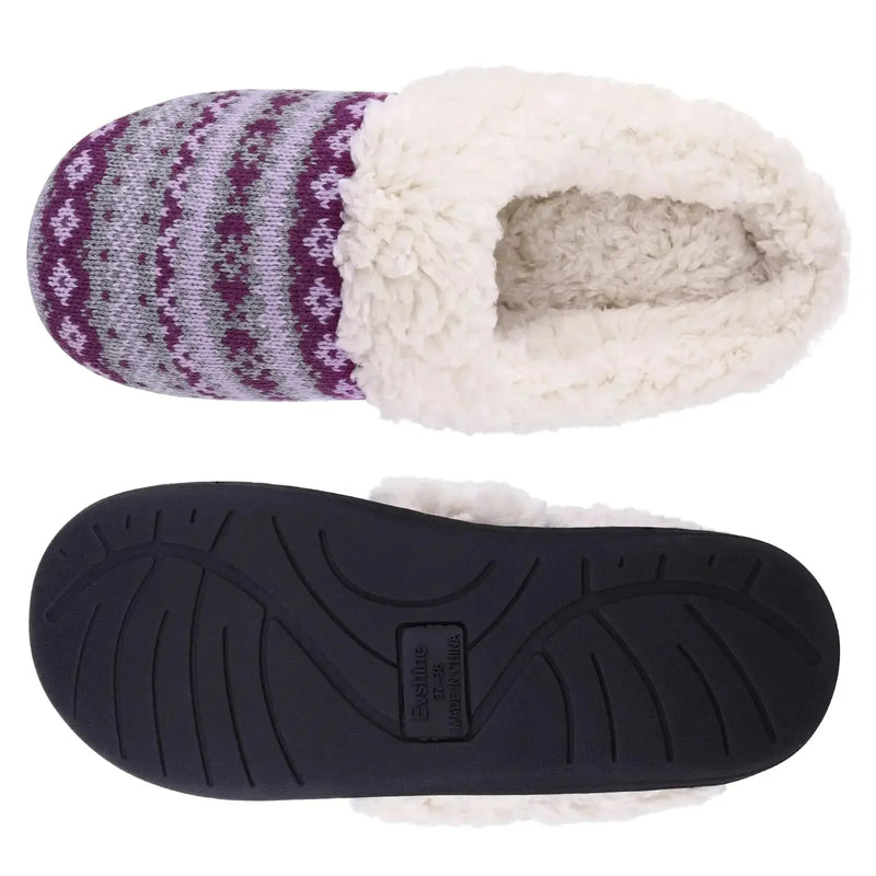 Lila-weiße Damen-Hausschuhe mit Strickmuster und flauschigem Futter, rutschfeste Sohle.