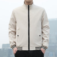 Herren Bomberjacke beige, Reißverschluss, gestreifte Bündchen, modisch, lässig, Outdoor.