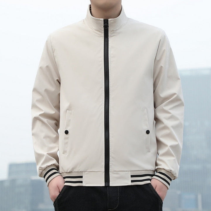 Herren Bomberjacke beige, Reißverschluss, gestreifte Bündchen, modisch, lässig, Outdoor.