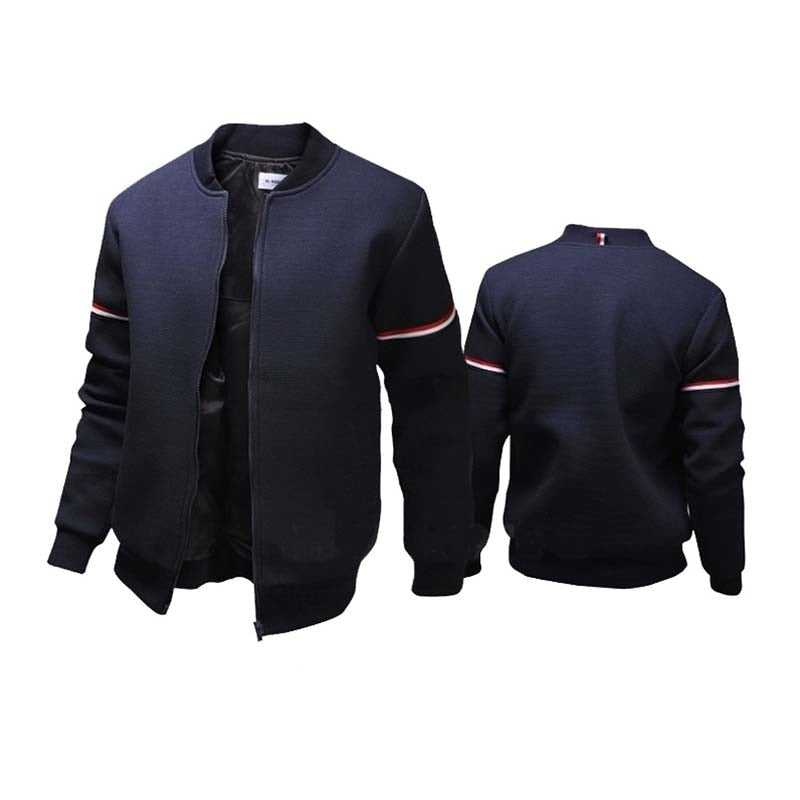 Schwarze Bomberjacke für Herren, Reißverschluss, gestreifte Ärmel, modisch, bequem.