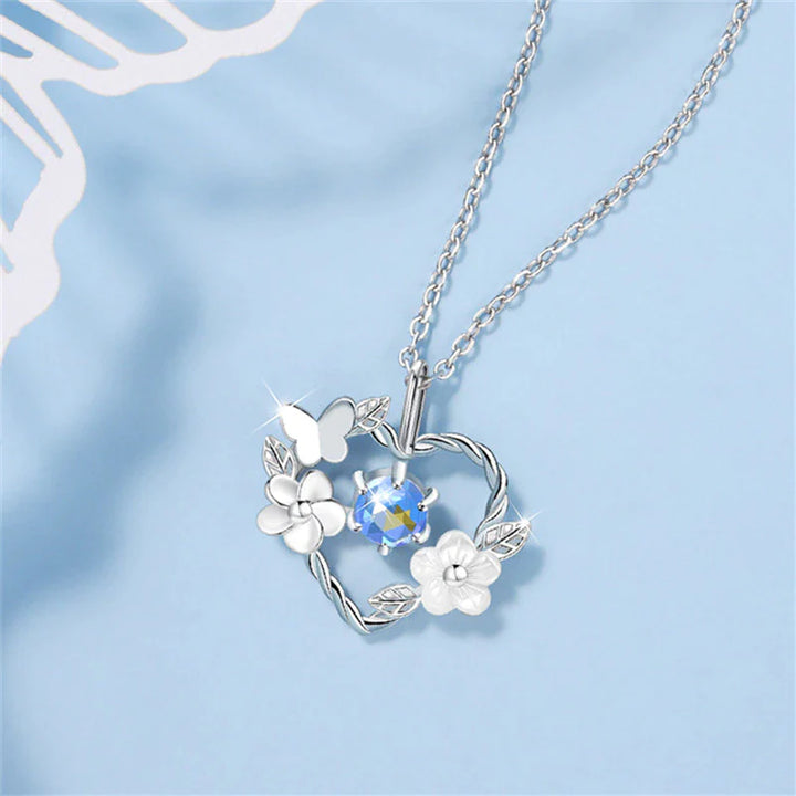 Silberne Herz-Halskette mit Blumen und Schmetterling, blauer Kristall, Damen-Schmuck