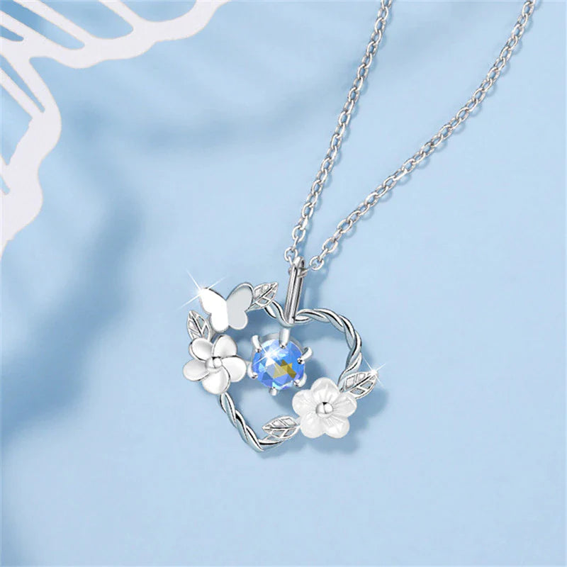 Silberne Herz-Halskette mit Blumen und Schmetterling, blauer Kristall, Damen-Schmuck