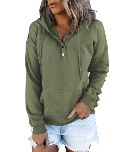 Grüne Damen-Kapuzenpullover, Baumwolle, Knopfleiste, lässig, modisch, ideal für Herbst.