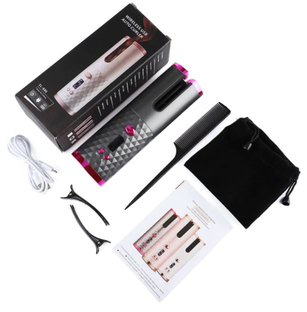 Kabelloser Lockenstab Set, dunkelgrau, mit Zubehör, ideal für schnelles Haarstyling.
