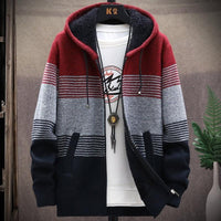 Herren Strickjacke mit Kapuze, rot-grau-schwarz, Reißverschluss, warm, modisch, Wintermode.