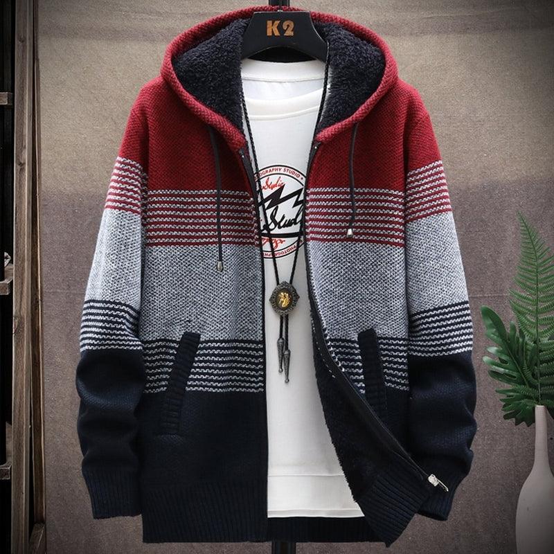 Herren Strickjacke mit Kapuze, rot-grau-schwarz, Reißverschluss, warm, modisch, Wintermode.