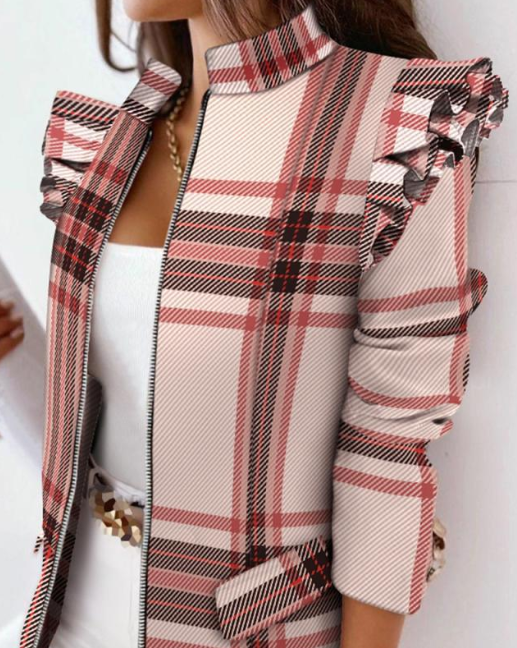 Damen Blazer kariert rosa, Rüschen, modisch, elegant, Langarm, Reißverschluss, Büro-Outfit