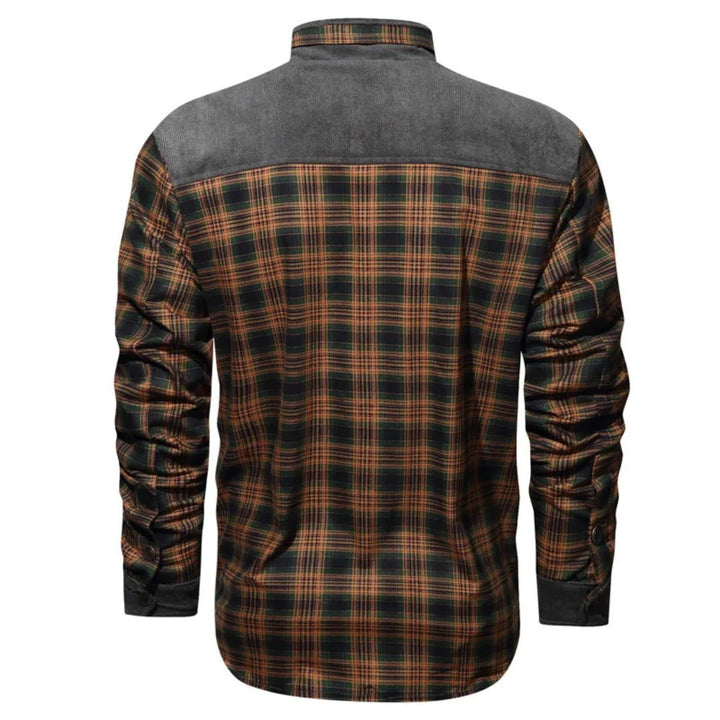 Kariertes Herrenhemd, langärmelig, Baumwolle, grün-orange, Freizeitmode, Rückansicht.