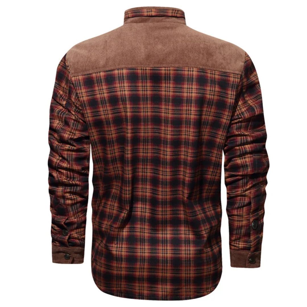 Kariertes Herrenhemd, rot-braun, Langarm, Baumwolle, Freizeitmode, Rückansicht.