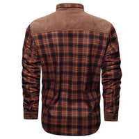 Kariertes Herrenhemd, rot-braun, Langarm, Baumwolle, Freizeitmode, Rückansicht.