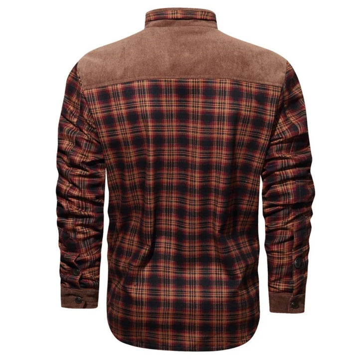 Kariertes Herrenhemd, rot-braun, Langarm, Baumwolle, Freizeitmode, Rückansicht.