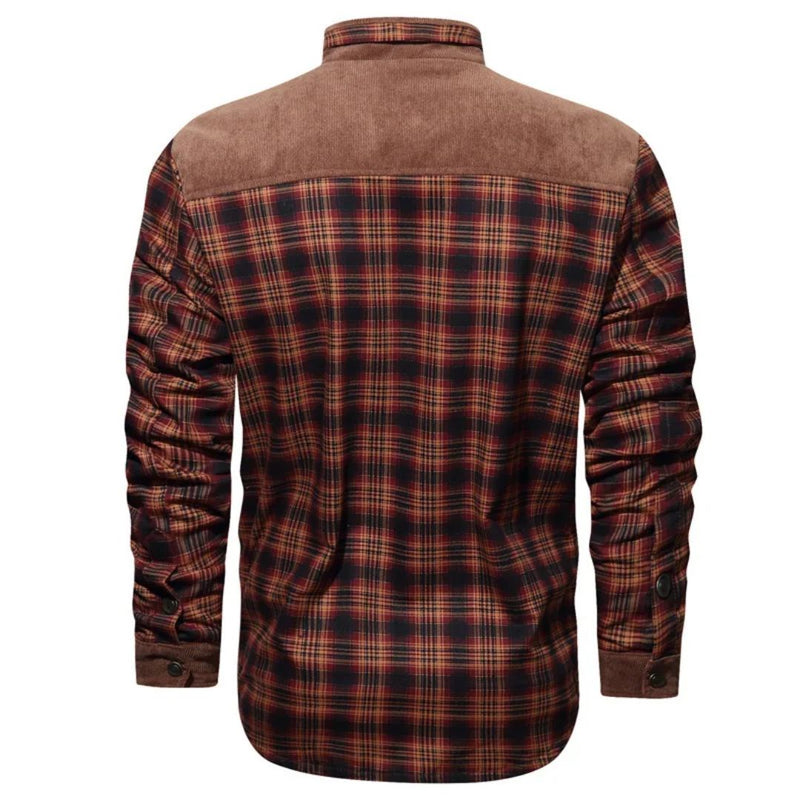 Kariertes Herrenhemd, rot-braun, Langarm, Baumwolle, Freizeitmode, Rückansicht.