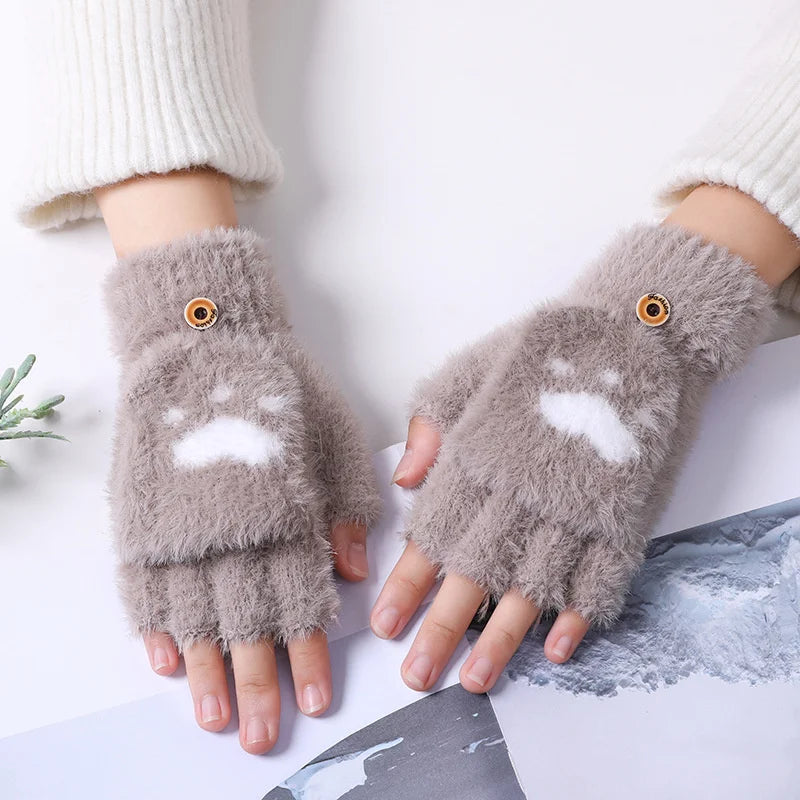 Khaki fingerlose Handschuhe aus Plüsch mit Katzenmotiv, warm und modisch für den Winter.