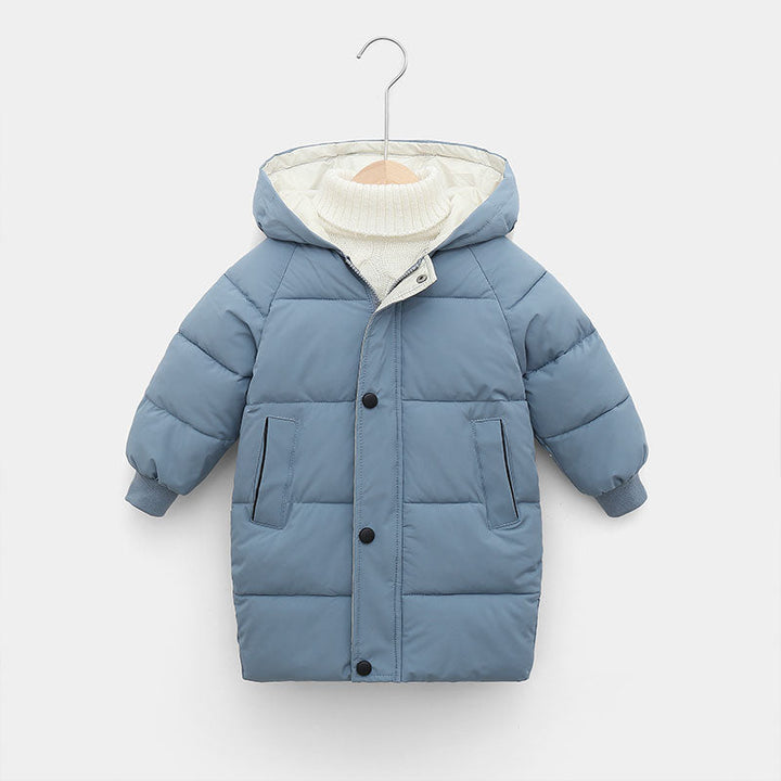 Blaue Kinderparka mit Kapuze, gesteppte Winterjacke, warm, modisch, für Jungen und Mädchen.