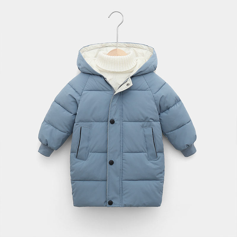 Blaue Kinderparka mit Kapuze, gesteppte Winterjacke, warm, modisch, für Jungen und Mädchen.